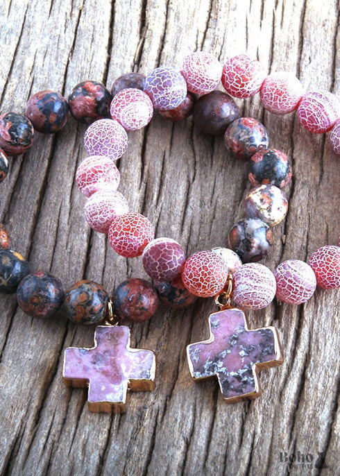 Boho Bracelet, RH Natural Stones Pink Cross